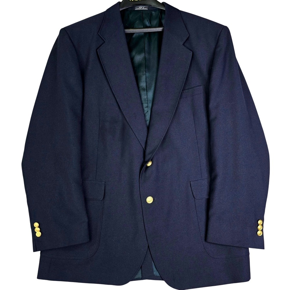 David Taylor Men's 46L Navy Blazer Sport Coat 2-Button Brass Buttons Vintage